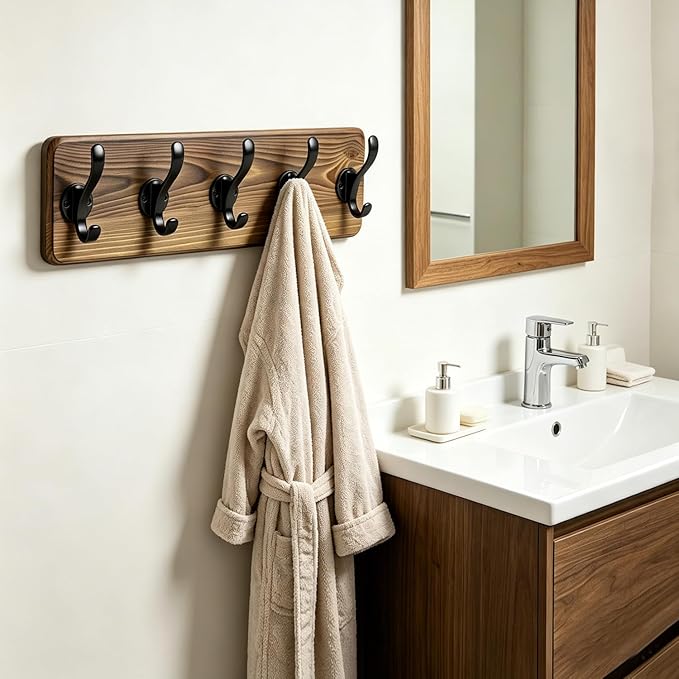 17" Coat Rack Wall Mount, Rustic Wall Mounted Coat Rack, Pine Solid Wood Coat Hook Hanger with 5 Metal Hooks- Wall Coat for Hanging Clothes Key Robes Towels Coats