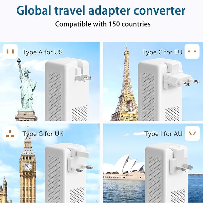 2000W 220V to 110V Voltage Converter US to Europe for Hair Dryer, Converter for European Travel, International Universal Travel Adapter with Type C A G I (White)