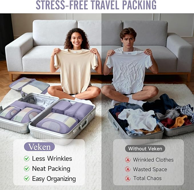 Veken 8 Set Packing Cubes for Travel Essentials, Suitcase Organizer Bags in 4 Sizes, Carry-On Luggage Accessories with Large Laundry & Shoes Bag, Must-Have for Airplane, Road Trip & Camping