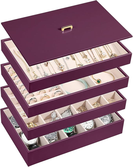 Voova Stackable Jewelry Organizer Tray with Lid, PU Leather Jewelry Storage Holder for Drawer Inserts, Jewellery Display Box Case for Earring Necklace Ring Watch Bracelet (Set of 4, Purple)