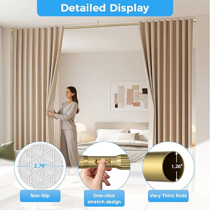 AIZESI 41-182 Inch Heavy Duty Gold Tension Curtain Rod - No Drilling, Adjustable, Rust-Proof for Outdoor, Living Room, Bathroom