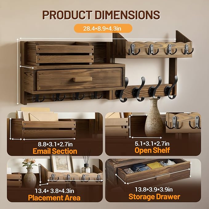 29" Coat Rack Wall Mount with Shelf & Drawer, Heavy Duty Wood Entryway Organizer, Wall Coat Hanger with 12 Metal Hooks, Wall Mounted Coat Rack Key & Mail Holder for Living Room, Bedroom