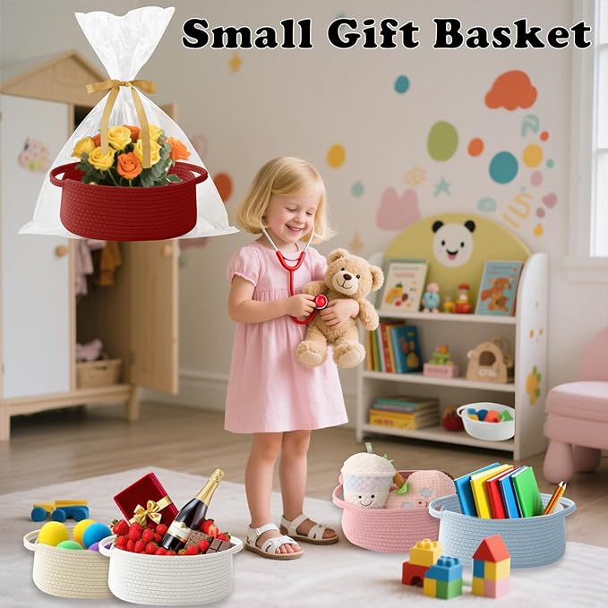 Small Woven Rope Basket-Empty Gifts Basket with Bag and Ribbons,Cute Handle Organizer Box for Birthday/Baby Shower, Toy Storage, Nursery Organizing & Shelf Decor(Red)