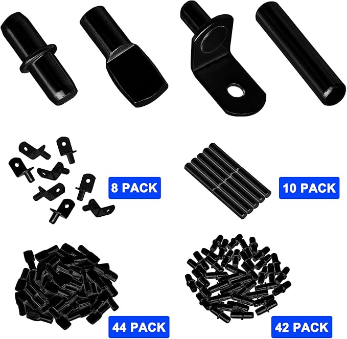 104Pcs Shelf Pins Pegs Kit,4 Styles Shelf Support Pegs,Bookshelf Pegs for Shelves,Cabinet Shelf Bracket Pegs Shelf Holders Pins for Kitchen Furniture & Closet (5mm & 1/4 inch,Black)
