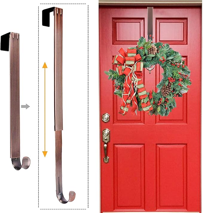 Wreath Hanger, Adjustable Over The Door Wreath Hanger Wreath Holder Wreath Hook for Door Christmas (Bronze,20 lbs)