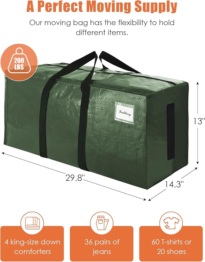 SWEET DOLPHIN 12 Pack 200LB Heavy-Duty Moving Bags with Wrap-Around Handles, Extra Large Storage Totes for Space Saving, Clothes Storage Bags, College Dorm Essentials, Green, 24 Gal