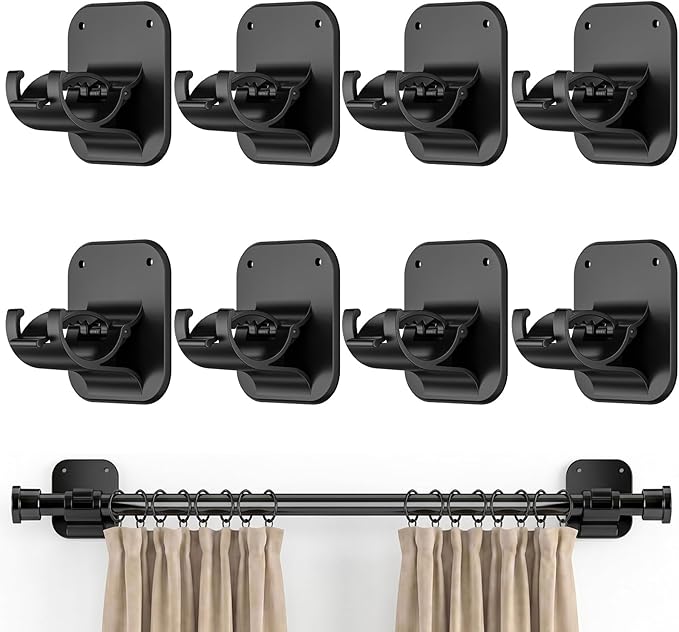 No Drill Curtain Rod Brackets - 20LB, 8 Pack Self Adhesive Curtain Rod Holder, Peel and Stick Wall Hooks, Renter Friendly Upgrades for Apartment, Kitchen, Bathroom, Dorm, Living Room and RV