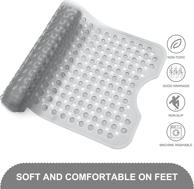 TEESHLY Upgrade Bath Tub and Shower Mats, Non Slip 40 x 16 Inch Extra Large Bathtub Mat, Machine Washable Bathmat with Drain Holes, Suction Cups for Bathroom Floor, Clear Gray