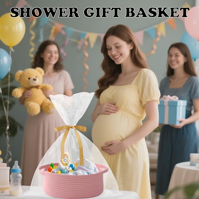 Small Woven Rope Basket-Empty Gifts Basket with Bag and Ribbons,Cute Handle Organizer Box for Birthday/Baby Shower, Toy Storage, Nursery Organizing & Shelf Decor(Pink)