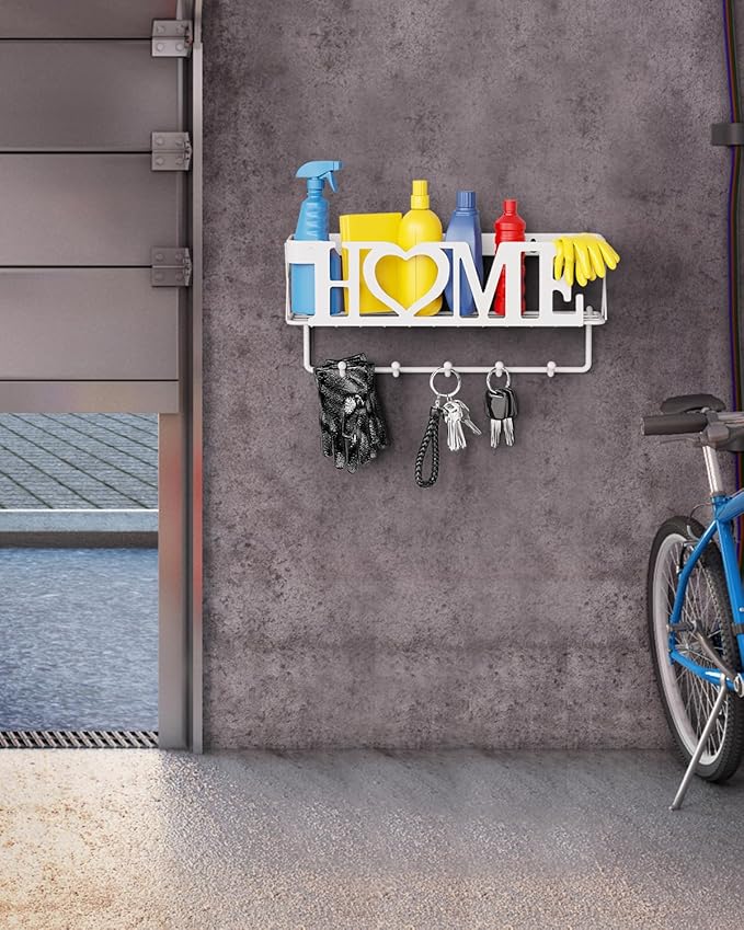 Key Holder Wall Mount - Adhesive Key Holder with 5 Hooks, Key Rack and Mail Organizer, Metal Basket Key Hanger for Entryway, Home, Living Room Decor, 11" L×2.8" W×4.9''H(White)