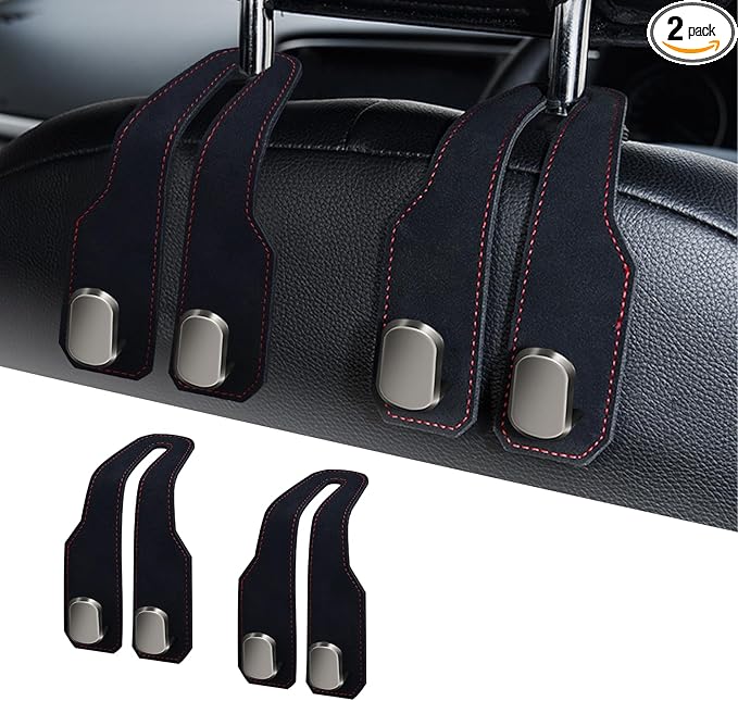 Car Seat Headrest Hooks for Purses and Bags, 2 Pack Bag Purse Holder for Car With Double Metal Hooks, Car Purse Hanger, Headrest Back Seat Handbags Hook Cute Hanging Accessories, Black