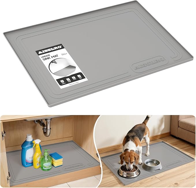 Aisslro Under Sink Mat 34" X 22", Waterproof Silicone Cabinet Protector with Raised Edge, Kitchen & Bathroom Leak Tray, Shelf Liner & Pet Feeding Mat for Dog Food Mats, Gray