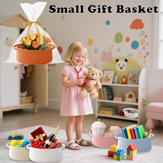Small Woven Rope Basket-Empty Gifts Basket with Bag and Ribbons,Cute Handle Organizer Box for Birthday/Baby Shower, Toy Storage, Nursery Organizing & Shelf Decor(Orange)