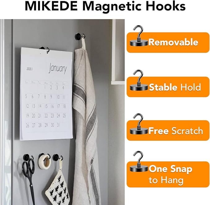 MIKEDE Black Magnetic Hooks 120Lbs Heavy Duty Earth Magnets with Hooks for Cruise Cabin Strong Magnet Hooks for Hanging Super Metal Magnetic Hanger for Grill Fridge Kitchen - Pack of 4