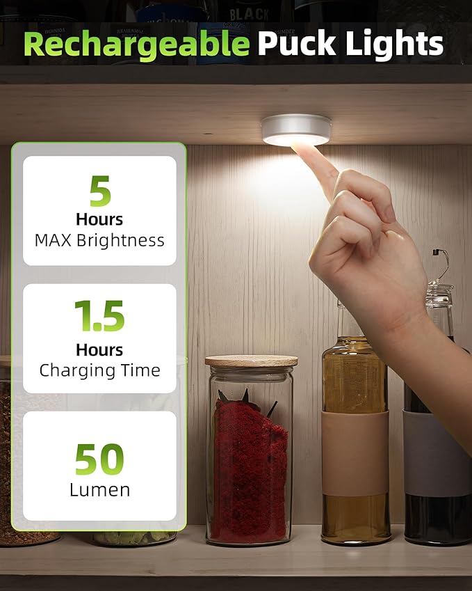 EZVALO LED Puck Lights, 6Pack Rechargeable Battery Touch Light, 2.5'' Mini Tap Lights, Wireless Closet Light, Under Cabinet Lighting, 3 Color & 83 RGB, Sitck On Lights for Kitchen,Pantry,Shelves