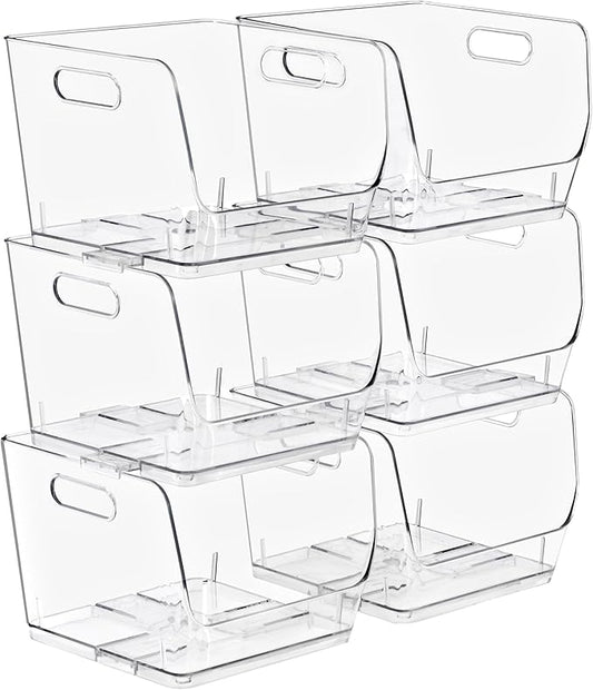 Sorbus Stackable Storage Bins Open Front, Clear Stackable Storage Bins, Pantry Bins for Storage and Organization, Acrylic Stackable Bins for Kitchen, Clear Pantry Organizer Bins (Medium Square 6 Pack)