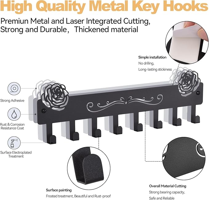 2-Pack Premium Iron Key Holder for Wall – Dual Installation: Wall Mount & Adhesive, 8 Hooks Key Rack for Entryway, Bathroom, Kitchen, Office