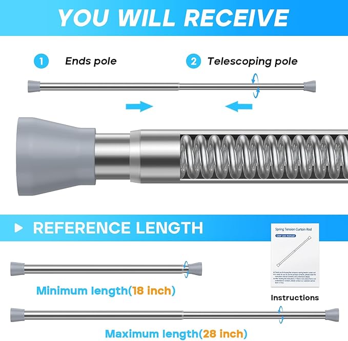Tension Rod 16 to 26 Inch Sliver Tension Curtain Rod No Drill Spring Tension Rod 2pack Small Tension Rod for Cupboard Closet Bookshelf Diy Projects Wardrobe Spring Loaded Curtain Rods