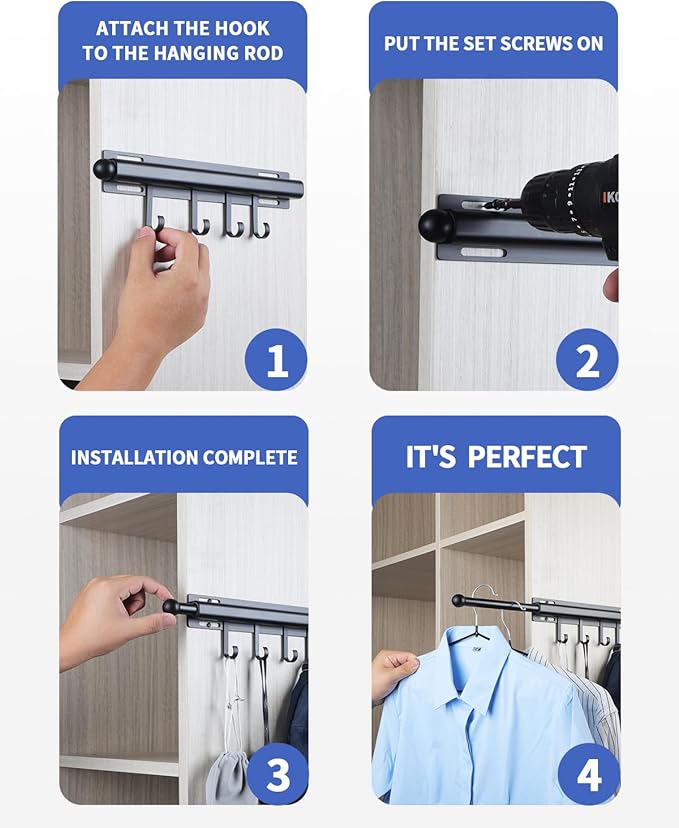 BaiNong 12 inch Valet Rod for Closets Pull Out Closet Valet Rod Slide Out Black Pull Out Clothes Hanger With 4 Hooks