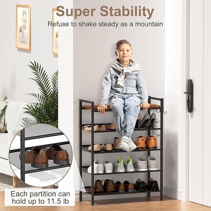 Refrze Shoe Rack for Front Door Entrance, 5 Tier Height-Adjustable Metal Shoe Rack, Sturdy Wooden Top and Tiltable Steel Frame Heavy Duty Shoe Organizer for Bathroom,Bedroom,Kitchen，Include Hook