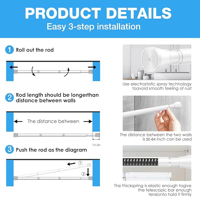 1 Pack Spring Tension Rods 30-64IN, 7/8 Inch Diameter White No Drill Spring Loaded Adjustable Extendable, Small Short Tension Curtain Rod for Windows Kitchen Doorway Closet Cupboard