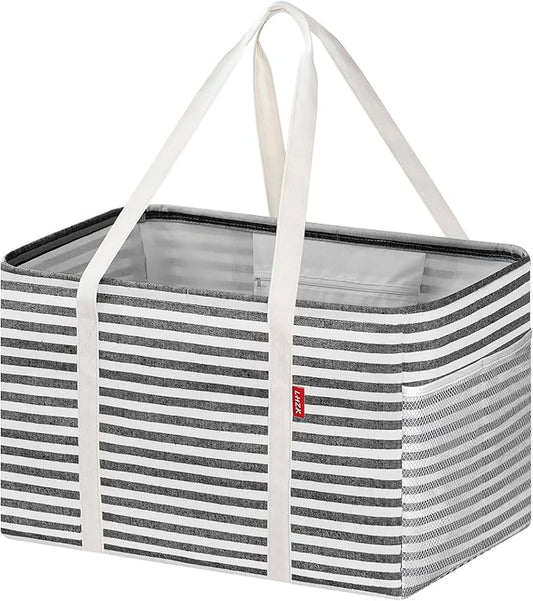 LHZK Standing Utility Tote Bag with Metal Wire Frame and the Sides Rinforced, Large Tote Bag with Handle, Reusable Grocery Bags Foldable, Beach Bag, Car Tote, Black, 18.5''x11.8''x11.5'' | Metal Wire Frame