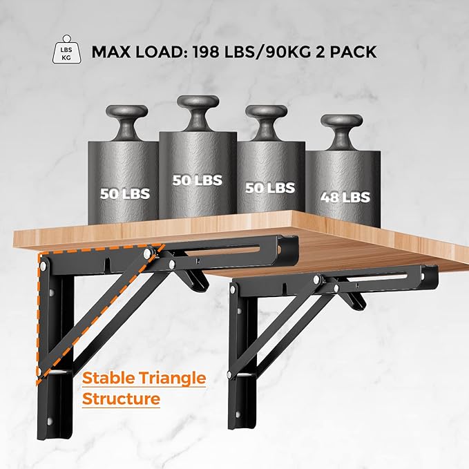 Ravinte 2 Pack 14 Inch Folding Shelf Brackets – Matte Black, Heavy Duty Collapsible Brackets for Tables and Benches – Space-Saving Design
