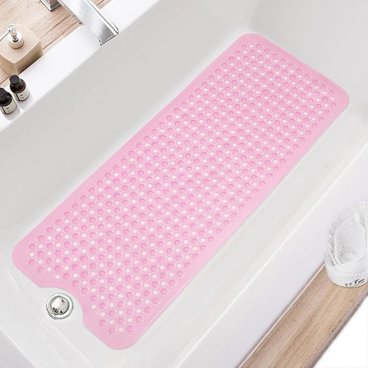 TEESHLY Bath Tub and Shower Mats, Non Slip 40 x 16 Inch Extra Large Bathtub Mat, Machine Washable Bathmat with Drain Holes, Suction Cups for Bathroom Floor, Clear Pink