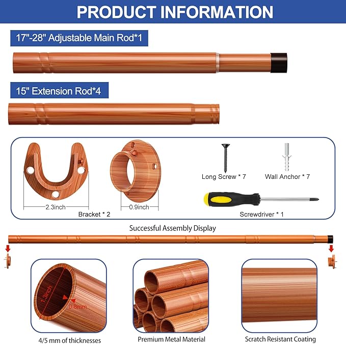17 to 84 Inch Closet Rods for Hanging Clothes with Screwdriver, Stepless Adjustable Closet Rod Heavy Duty, 1.3 Inch Clothes Hanging Rod Metal Closets Bar for Wardrobes Laundry Bathroom RV, Dark Brown