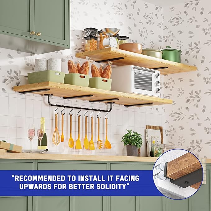 Goovilla Shelf Bracket, Heavy Duty Floating Shelf Brackets 12 inch Long, 6 Pack Brackets for Shelves, Black Coated Metal Wall Shelf Support Brackets with 1/5 Inch Thick and 160 lb. Load Capacity