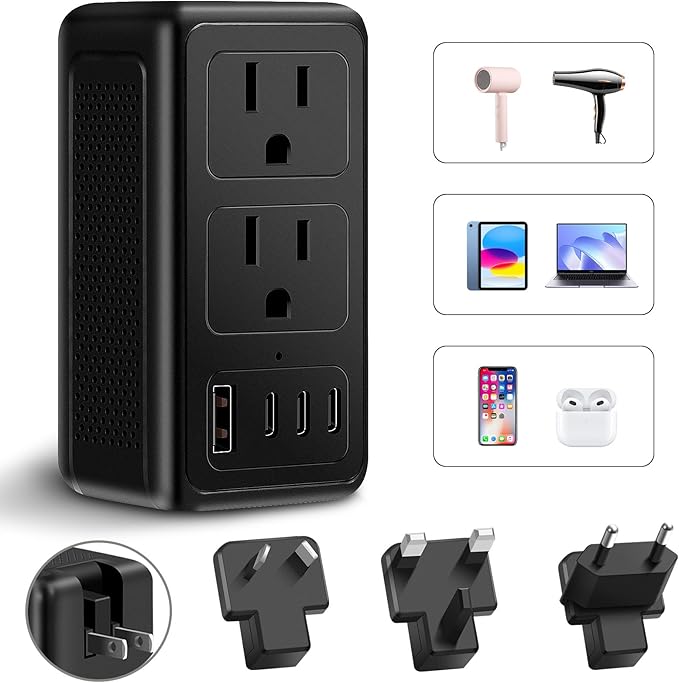 220V to 110V Voltage Converter US to Europe for Hair Dryer, Upgrade 2000W Power Converter for European Travel with Type C A G I, International Universal Travel Adapter with 1 USB A & 3 Type C (Black)