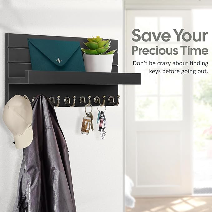 HONJIN Key Holder for Wall: Upgraded 7 Sturdy Key Hooks Easy Installation Mail Organizer Wall Mount Hanging Key Rack for Kitchen and Entryway Decor