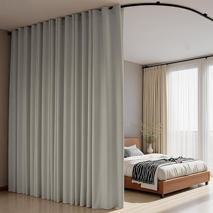 Room Divider Curtains Flexible Ceiling Tracks set Curtain track Ceiling Mount Blackout Curtain for Living Room Bedroom Ceiling Curtain Rod Privacy Dividers Panel W100xH108 Light Grey Drape&Black rail