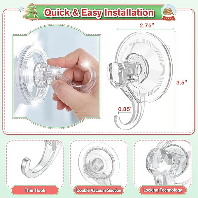 VIS'V Wreath Hanger, Large Suction Cup Wreath Hooks, Heavy Duty, 22 LB Capacity, Removable and Reusable, Clear, 4 Pcs