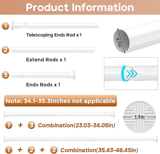 White Spring Tension Curtain Rods 23-46 Inch Adjustable Expandable Spring Loaded Curtain Rods No Drilling Suitable for Small Short Tension Rods 23-34 Inch Doors, Windows, Closet