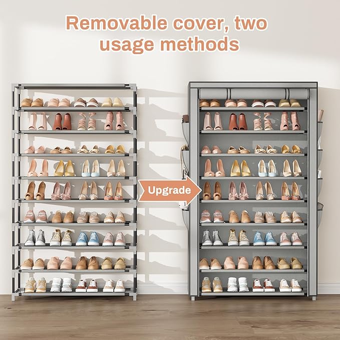 Shoe Rack with Cover, 10 Tier Shoe Organizer Storage for 40-50 Pairs Sneaker and Boots, Large Capacity, with 8 Pockets, Free Standing Tall Shoe Rack for Front Door Entrance, Closet, Grey