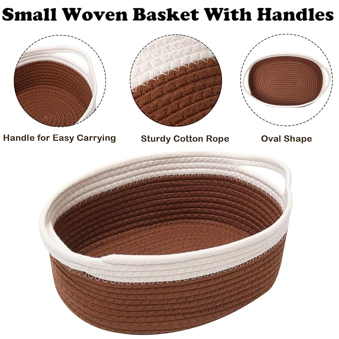 Small Woven Rope Basket-Empty Gifts Basket with Bag and Ribbons,Cute Handle Organizer Box for Birthday/Baby Shower, Toy Storage, Nursery Organizing & Shelf Decor(White&Brown)