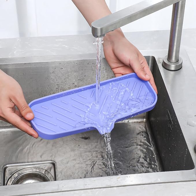MicoYang Silicone Soap Dish with Drain Spout — Self-Draining Double Sink Organizer Tray for Kitchen & Bath, Dispensers, Sponges & Soap Holder, Non-Slip & Dishwasher Safe, Light Purple (Large, 12"×4")