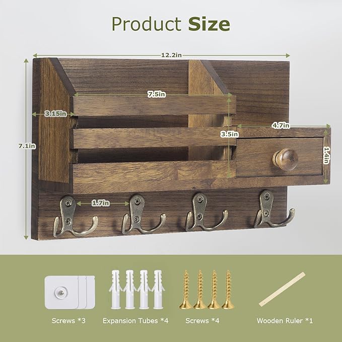 Key Holder Wall Mount, Wooden Adhesive Mail and Key Organizer with Drawer, Small Shelf, 8 Hooks, 2 Installation Methods, Brown