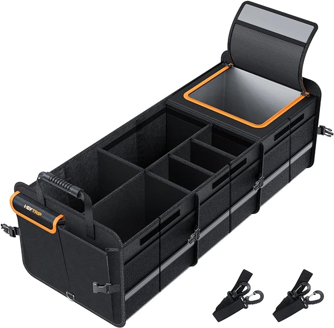 HEYTRIP Large Trunk Organizer With Built-in Leakproof Cooler Bag, 2 Tie-Down Straps, 4 Removable Dividers, Foldable Cover, Built with 2mm PE Board