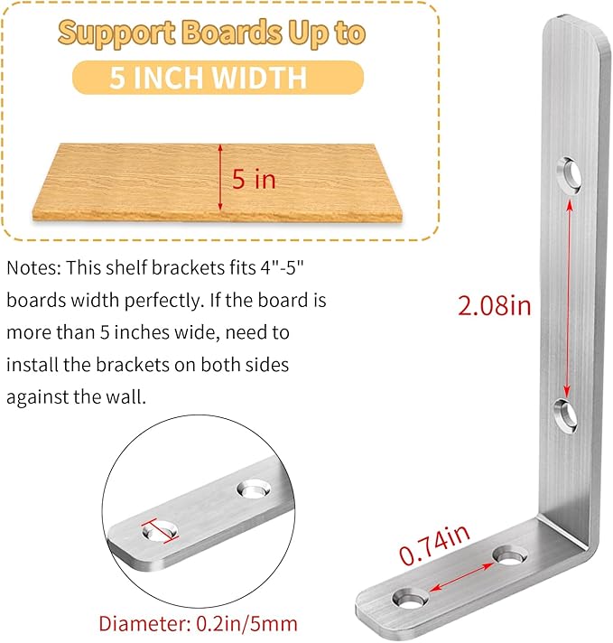 LSK L Bracket, 4"×2"(100×50mm) Heavy Duty Stainless Steel Corner Bracket for Wooden Board Max Load : 42lb, Pack of 6