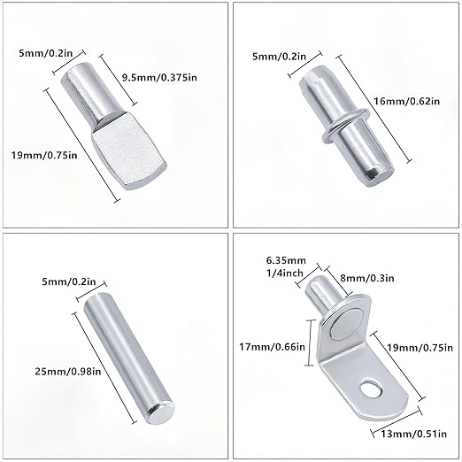120Pcs Shelf Pins Kit,4 Styles Nickel Plated Shelf Support Pegs,Plated Shelf Pins Holders for Bookcase Kitchen Closet Shelf Shelves Furniture Cabinet，5mm (1/4 inch) cabinet shelf pegs