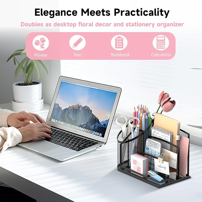 SUPEASY Desk Organizer with 3 Compartment Pen Holder, 3-Slot Mail Organizer and Flower Tube, Metal Mesh Bill Organizer for Pencil, Envelope, Letter and Office Supplies, Black