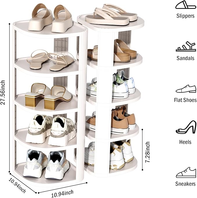 Vertical Shoe Rack, 10-Tier Stackable Narrow Shoe Rack Organizer for Entryway Closet Corner, Free Standing Shoe Rack Tower Shelf, Space Saving, Curved, Off White
