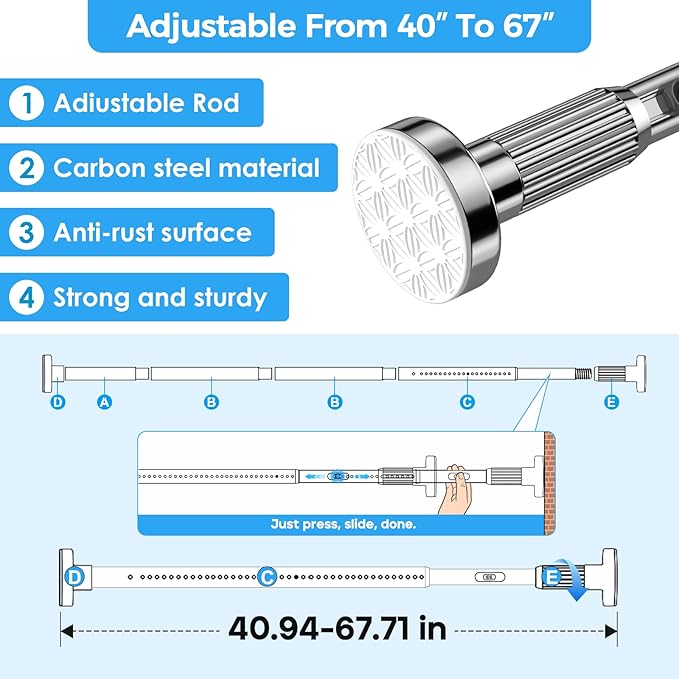 AIZESI 41-67 Inch Heavy Duty Silver Tension Curtain Rod - No Drilling, Adjustable, Rust-Proof for Outdoor, Living Room, Bathroom