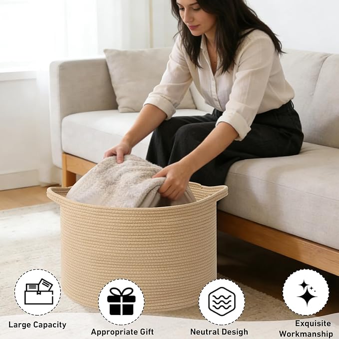 115L Large Blanket Basket,23.6" L x 23.6" W x 15.7" H Rope Woven Baskets with Handles, Toys Storage Bins,Laundry Basket Perfect for Living Room, Nursery,Bedroom,Home Organization,Camel