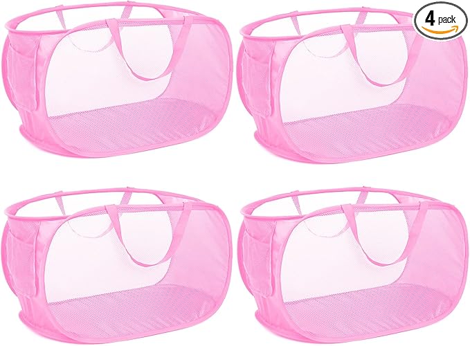 4 Pcs Durable Collapsible Laundry Baskets, Foldable Large Opening Pop Up Laundry Hamper with Pocket, Clothes Hamper with Handles for Laundry, Bathroom, Kids Room, Dorm or Travel Pink