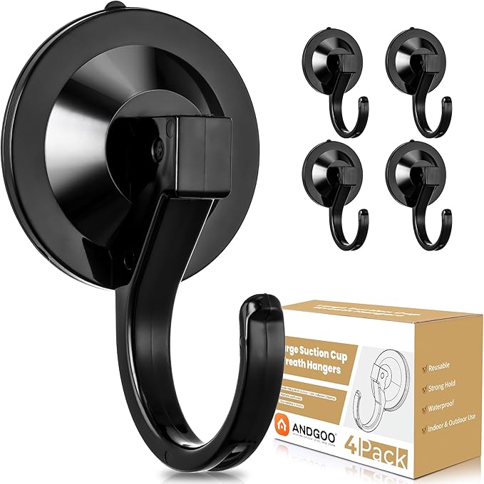ANDGOO Large Suction Cup Hooks for Door Wreaths, 4 Pack Wreath Hangers for Front Door, Glass, Window, Shower, Upgraded 1.9" Diameter Wreath Holder, No Tools, No Damage, Holds Up to 22 lbs, Black