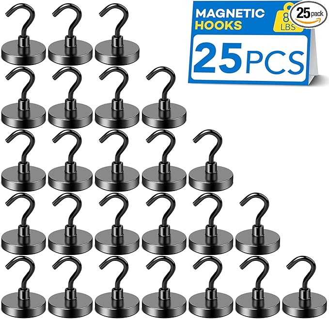 LOVIMAG Magnetic Hooks for Cruise Cabins, 85lbs Black Magnetic Hooks for Classroom, Strong Magnets with Hook for Hanging, Neodymium Magnet Hook for Fridge, Ceiling, Locker, Camper, Travel-25 Pcs