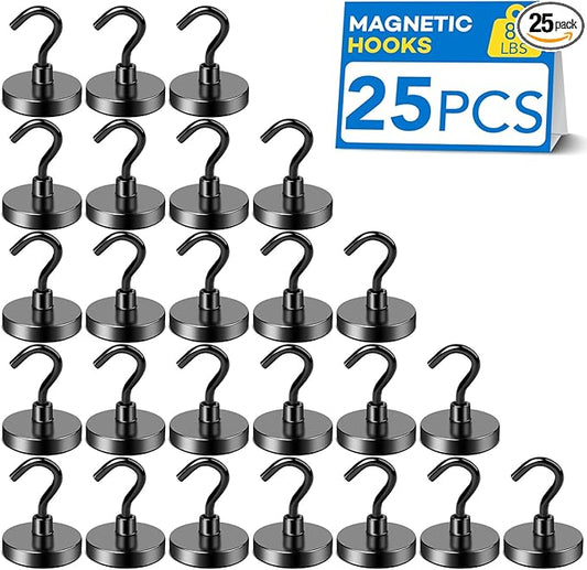 LOVIMAG Magnetic Hooks for Cruise Cabins, 85lbs Black Magnetic Hooks for Classroom, Strong Magnets with Hook for Hanging, Neodymium Magnet Hook for Fridge, Ceiling, Locker, Camper, Travel-25 Pcs